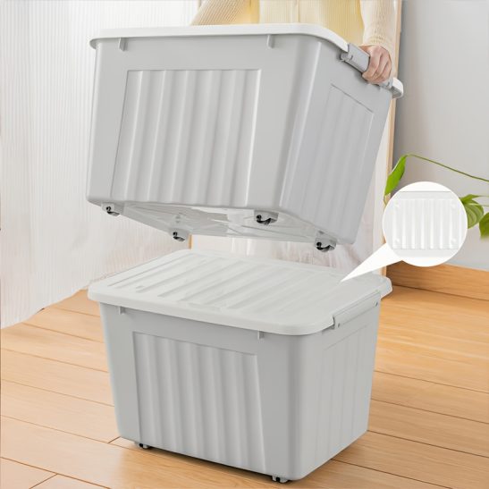 3pcs Large Capacity Stackable Plastic Storage Bins with Lids, Double Locking Latches, Wheels, and Grey Striped Design - Multi-functional Storage Boxes for Clothes,, and Closet Organization - Dust-proof, Durable, and Portable with Handles
