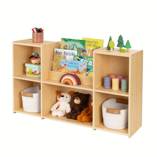 Wood Bookshelf And Toy Storage Organizer, 2-Tier Horizontal Bookshelf, 5-Compartment Toy Storage Cabinet with Book Rack, Ideal Choice for Kids Classroom Organizer, Playroom And Daycare