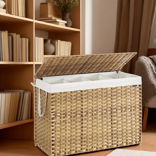Laundry Hamper with Lid, 52.83gal Clothes Hamper with 2 Removable Liner Bags, 6 Mesh Bags, Wicker Laundry Basket, Double Laundry Hamper for Bathroom, Laundry Baskets