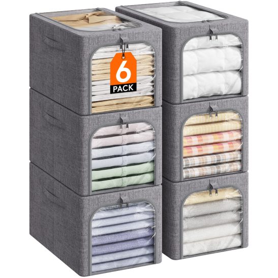 Clothes Storage Bins with Metal Frame, Foldable Clothing Storage Bins with Lids, 10.57gal Stackable Storage Box Storage Bags Fabric Bins Organizer with Clear Window & Zippers & Sturdy Handles, Closet Organization Systems, 4u002F 6 Pack