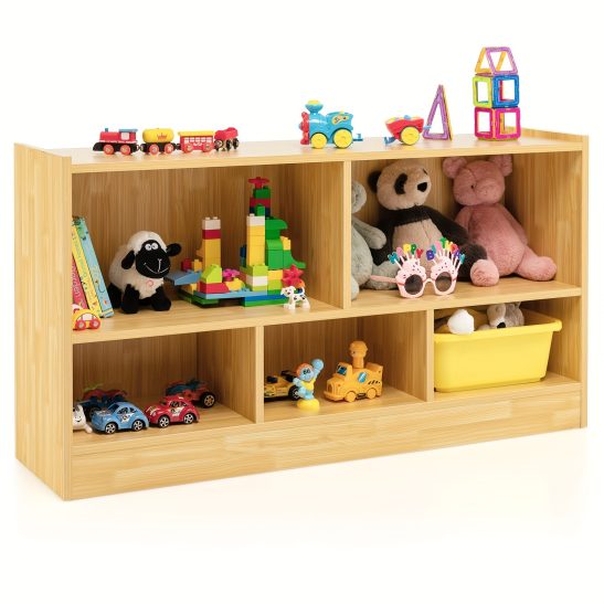 Beige Wooden Storage Cabinet with 2 Shelves And 5 Cubes., Storage Box