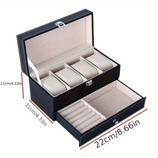 4-Position Double-Layer Multi-Use Jewelry and Watch Box, PU Leather Storage Case for Necklaces, Earrings, Bracelets, Bangles, and Rings