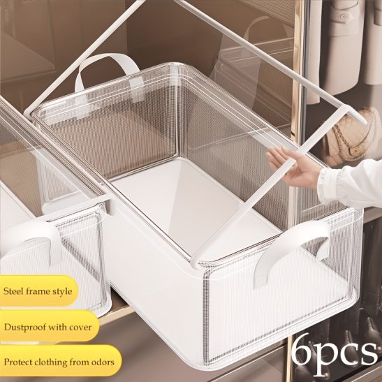 6pcs Set of Large Transparent PVC Storage Boxes with Lids - Foldable Dustproof Organizer Bins for Clothes, Pants, Etc. - Suitable for Home and Dorm Use, Transparent Design for Easy Viewing, Wardrobe Storage Solution