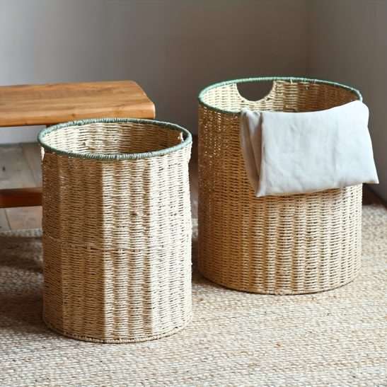 Large Capacity Paper Rope Storage Basket with Lid - Modern Natural Material Organizer for Clothes, Toys, Bedroom & Living Room - Durable Multi-Purpose Home Decor, Laundry Baskets