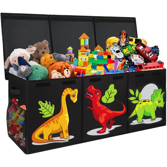 Extra Large Box, Collapsible Sturdy Storage Organizer With Lids, Dinosaur Box For 14+ Boys Girls, Chest Bin Baskets For Living Room, Playroom, Bedroom, Nursery, Black
