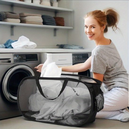 Foldable Dirty Laundry Hamper with Reinforced Handles for Portable Bathroom Storage - A Durable Mesh Pop-up Laundry Basket Featuring Side Pockets, Suitable for Laundry Rooms, Bathrooms, Living Rooms, Bedrooms, Dormitories, or Travel, Laundry Baskets