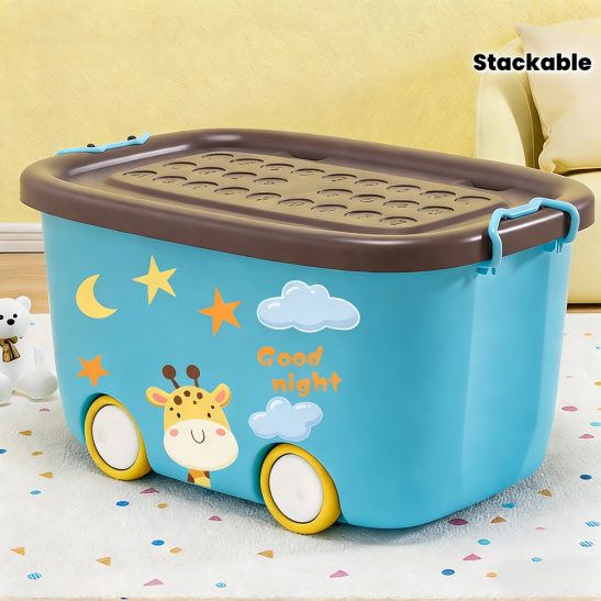 A Cute Storage Box Featuring Two Colors And Pulleys, Designed for Household Use with a Handle And Lid. It Includes a Set of Cartoon Stickers And Has a Large Capacity for Organizing Various Dolls. This Stackable Organizer Is Perfect for Book