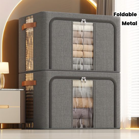 Linen Clothes Storage Bins with Metal Frame with Clear Window, Stackable Storage Box, Foldable Clothing Storage Bins with Lids, Storage Bags, Fabric Storage Bins with Lids, Under-Bed Storage